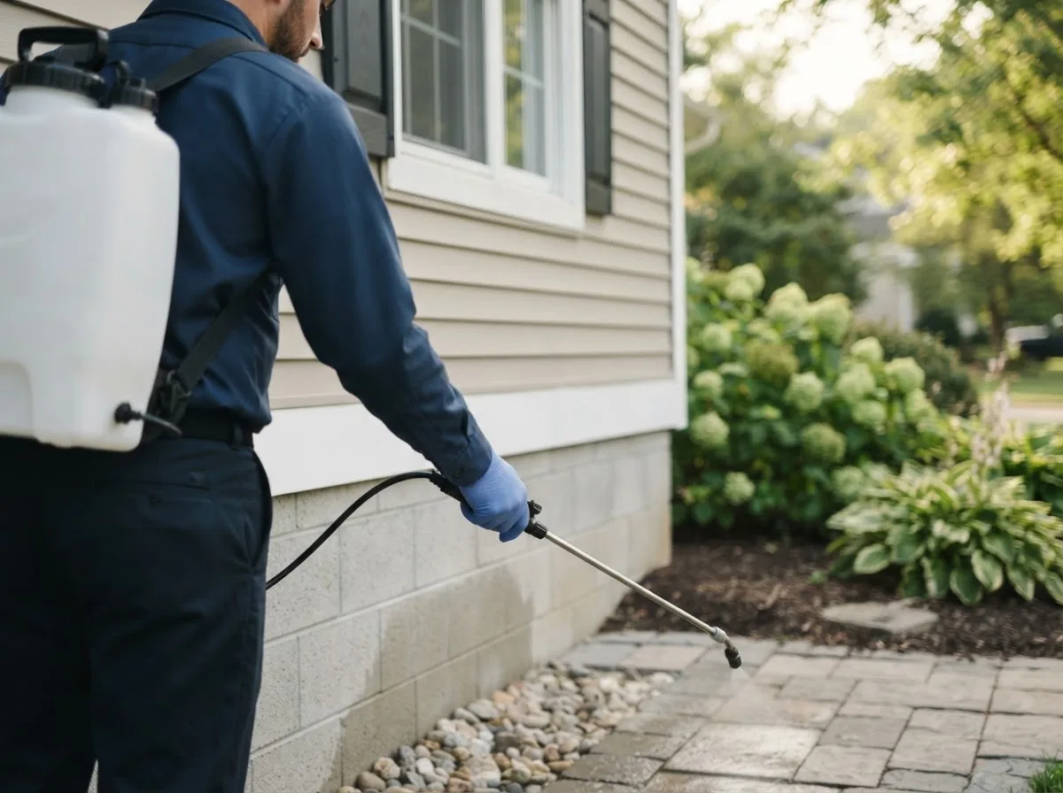 Pest control technician inspecting a home in Goehner, NE